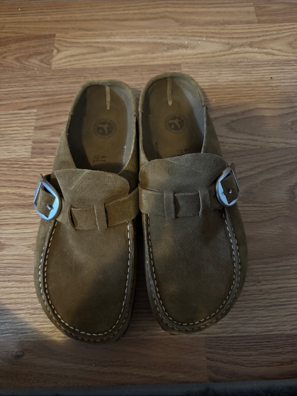 Birkenstock Women's Suede Loafers in Olive Brown with Silver Buckles